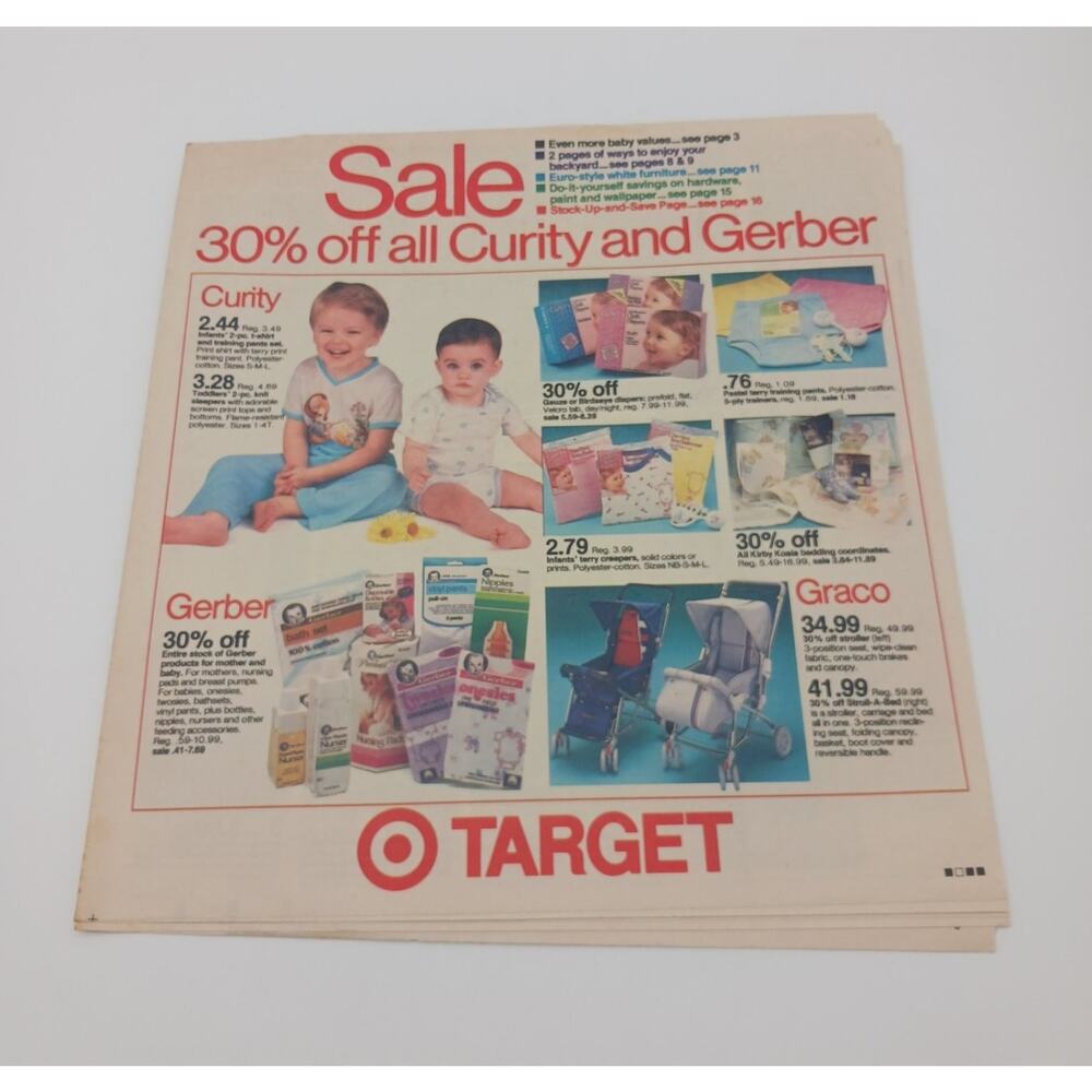 1986 Target Store Sales Flyer Paper Curity Gerber Fisher-Price VTG Summer
